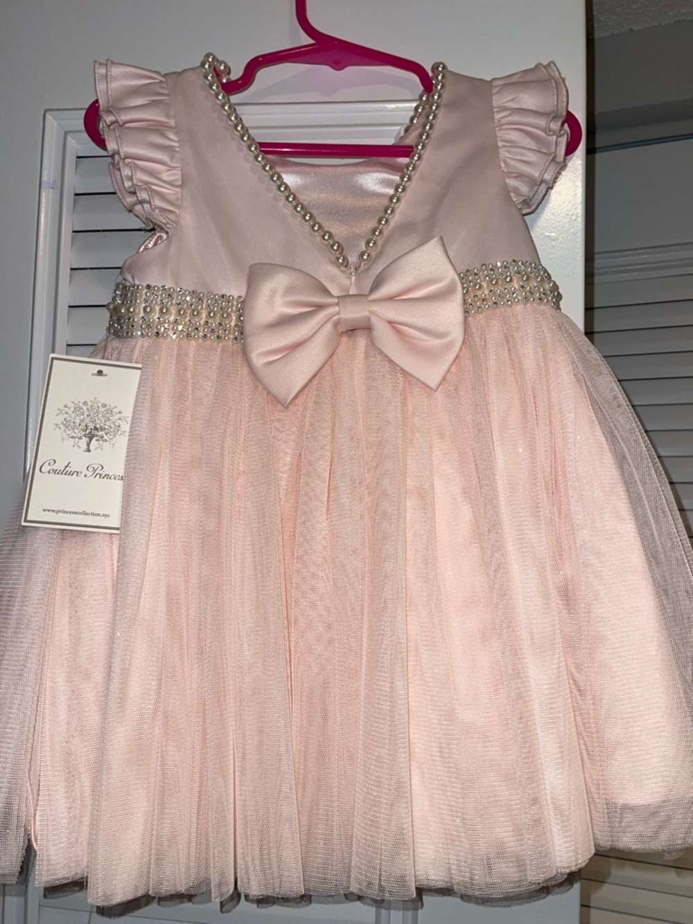 Pearl-Trim Peach Tulle Dress with Bow for Girls